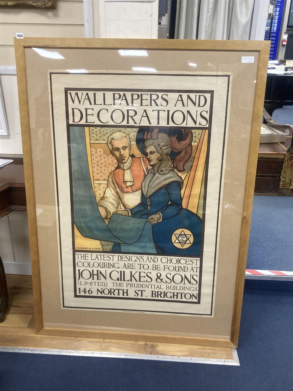 Conrad H. Leigh, original colour lithograph poster, Wallpapers and Decorations, John Gilkes & Sons, Brighton, printed by J.J. Keliher &